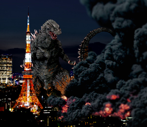 Photoshopped (clearly) image of Godzilla attacking Tokyo.